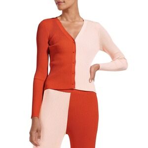 STAUD Two Toned Color block Ribbed Cargo Sweater Bittersweet Orange Pink Size S